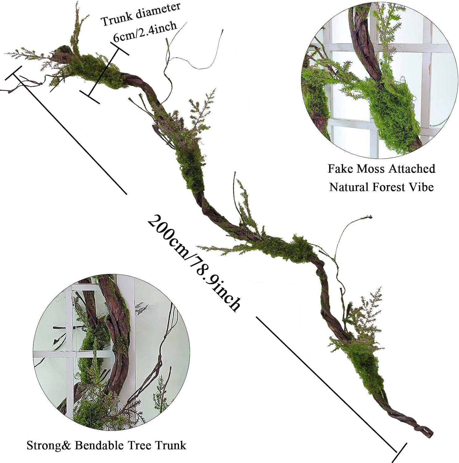 1Pcs 78.9inch Large Bendable Artificial Craft Moss Garland Faux Tall Tree Trunk Branches Grape Vines for Halloween Haunted Mansion Wedding Arch Room Outdoor Mantel Wall Hanging Forest Greenery Decor