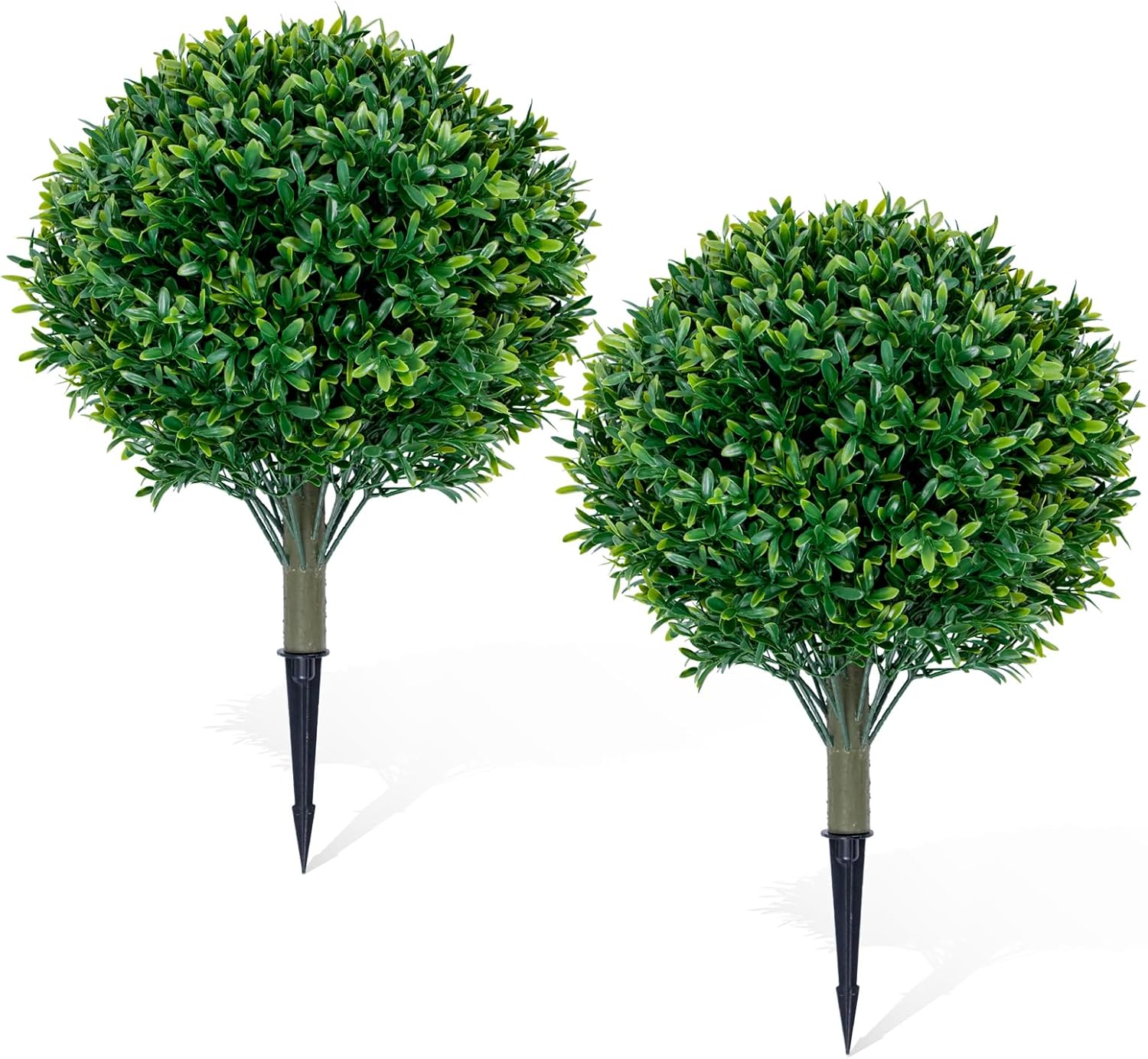 DRAY 16" Diameter Artificial Japanese Boxwood Topiary – Set of 2 Faux Plants with Ground Spikes – UV-Resistant, Realistic Outdoor & Indoor Garden Décor – Weatherproof and Durable