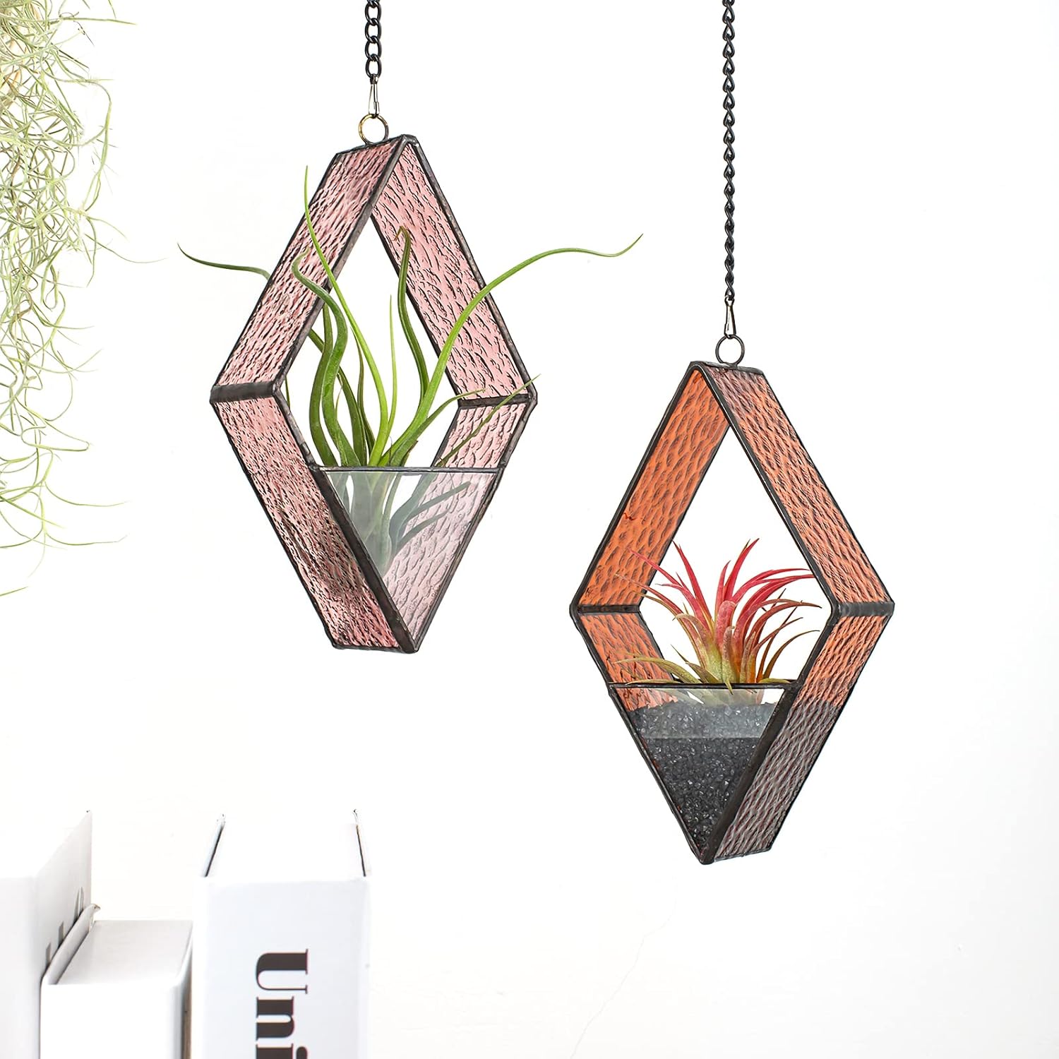 Stained Glass Hanging Plant Terrariums, 2 Packs Geometric Window Planters with Chain for Windowsill Decor Small Succulent Tillandsia Glass Terrarium Minimalist Air Plant Holders