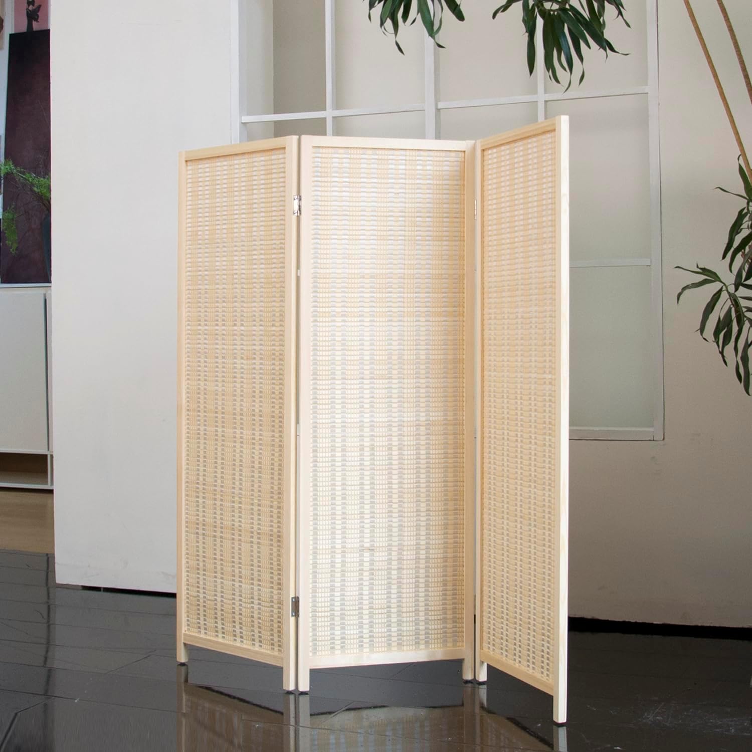 3 Panel Short Room Divider Folding Screen,47 inch Bamboo Panel Divider for Home Partition,Beige