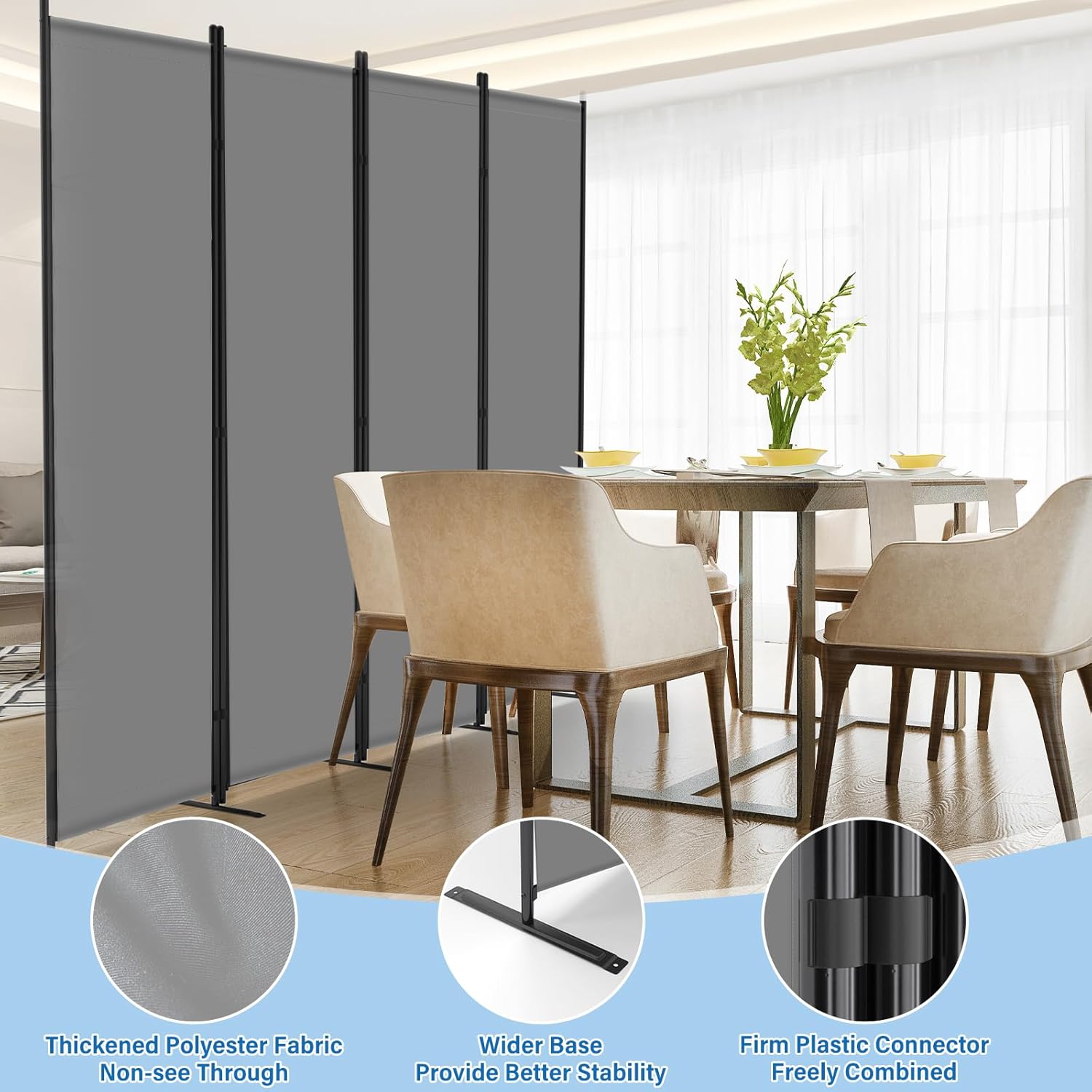 AKTOP 4 Panel Room Divider, 6FT Portable Wall Divider for Room Separation, 88" W Fabric Partition Room Dividers and Folding Privacy Screens, Freestanding Room Separators for Home Office Bedroom, Grey