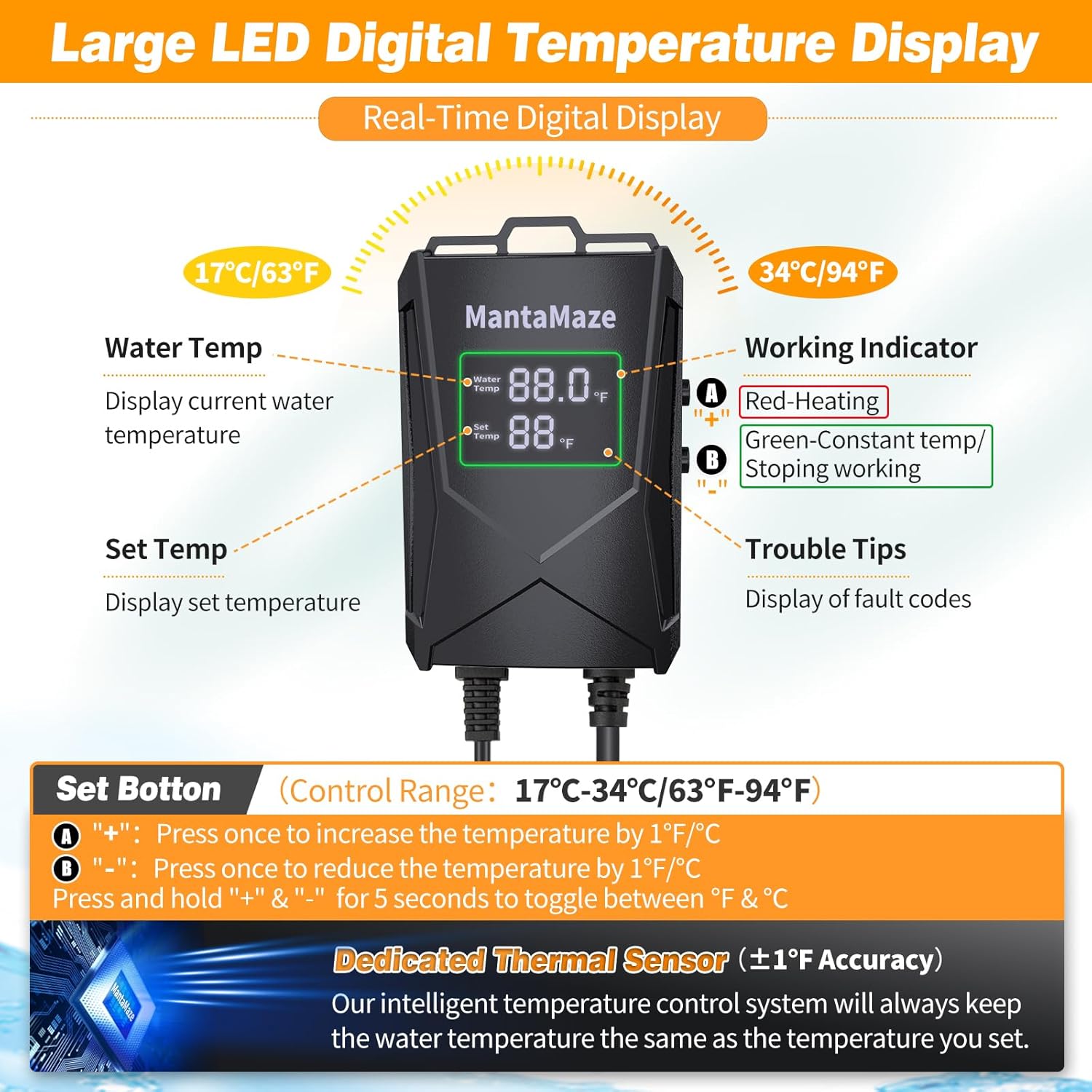 Aquarium Heater 300W/500W/800W/1000W for 20-300 Gal, Fish Tank Heater with Intelligent Leaving Water Automatica Stop Heating and Overheating Protection, for Freshwater & Saltwater