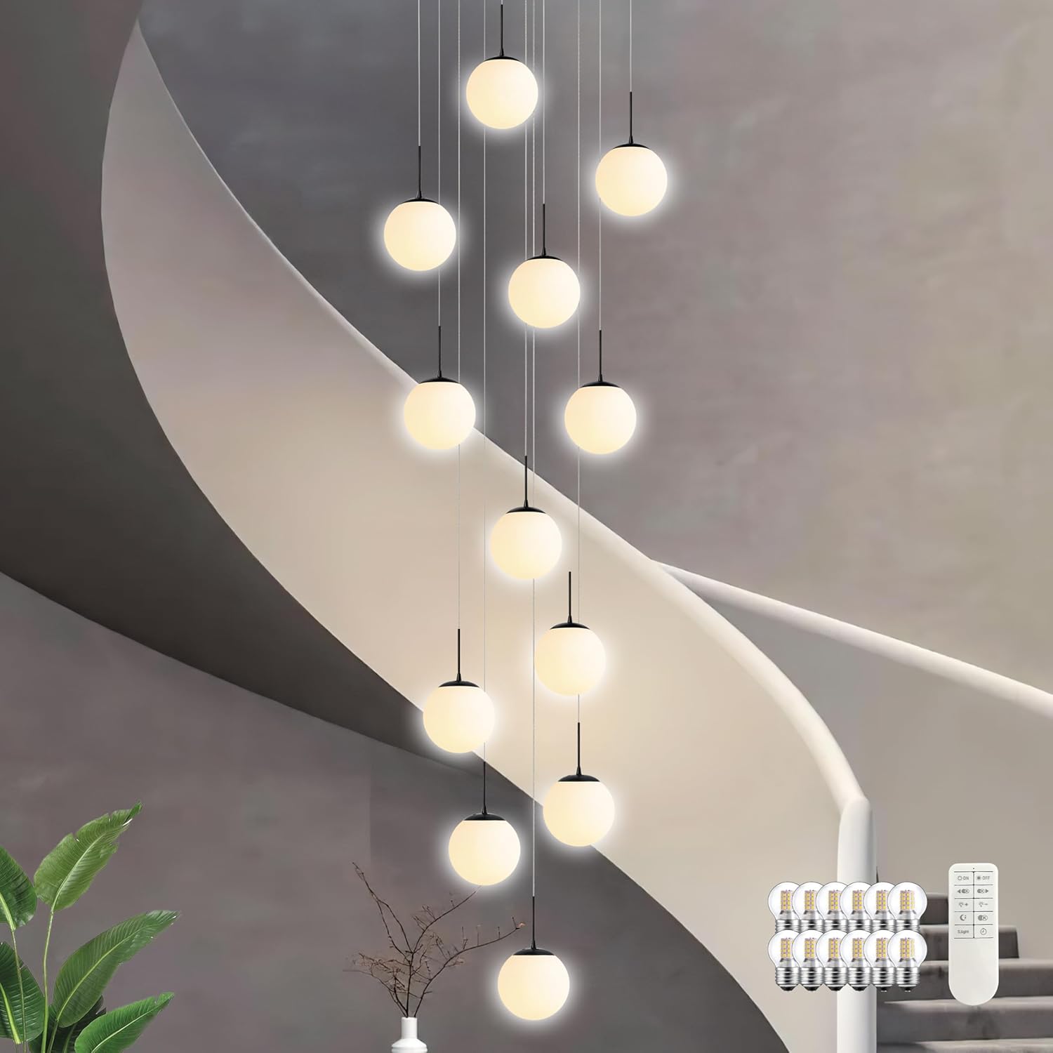 KoKo&Yukina 12-Light Black Mid Century Modern Chandelier for Living Room Staircase Chandelier for Entryway Globe Milky White Glass Pendant Light High Ceiling Chandeliers Foyer (Bulb & Remote Incl.)