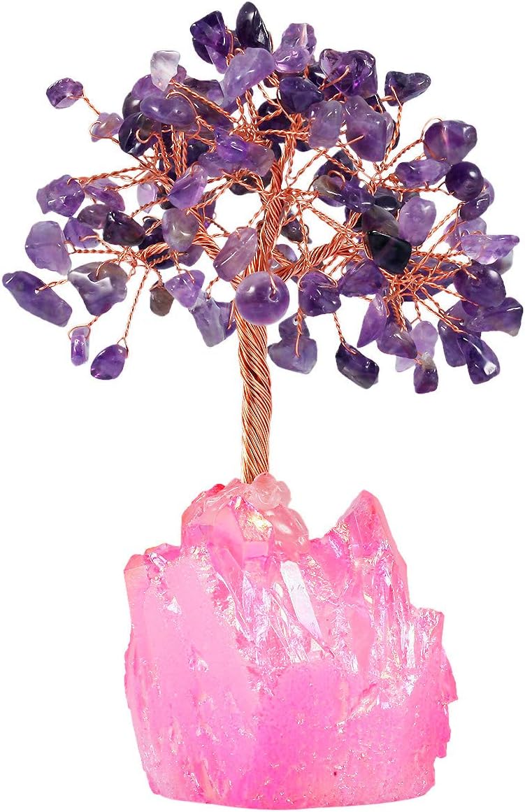 mookaitedecor Amethyst Crystal Tree, Quartz Cluster Fuchsia Titanium Crystals Base Bonsai Money Tree for Wealth and Luck