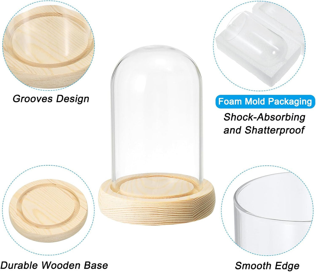 PATIKIL 3.9"x2.4" Clear Cloche Glass Dome, Glass Bell Jar Display Case Tabletop Centerpiece with Wooden Base for Plants Home Decor