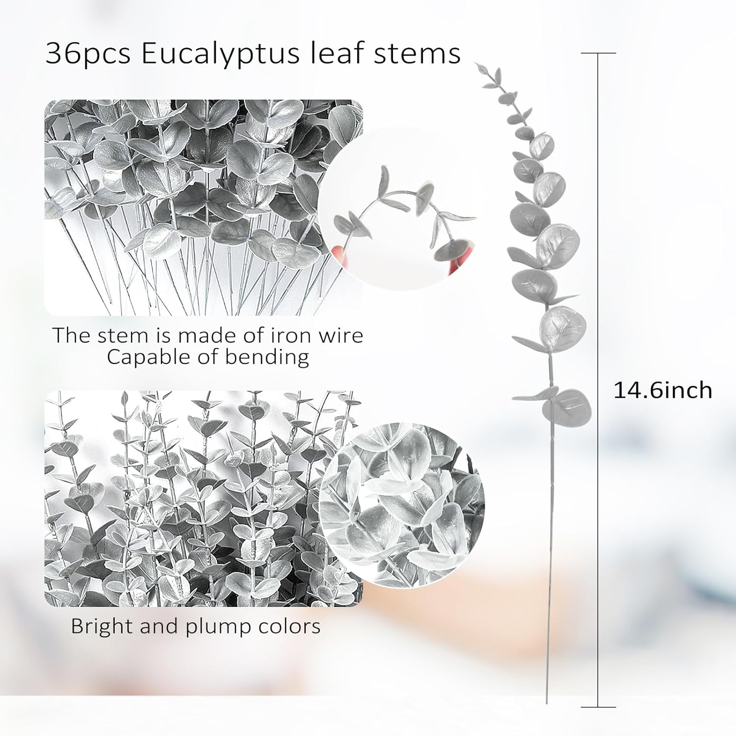 RECUTMS 36Pcs Silver Eucalyptus Leaves Stems 15 inch Artificial Eucalyptuses Leaf Branches Faux Flower Bouquet for Winter Wedding Centerpiece Floral Arrangement Christmas Picks Office Home Table Decor