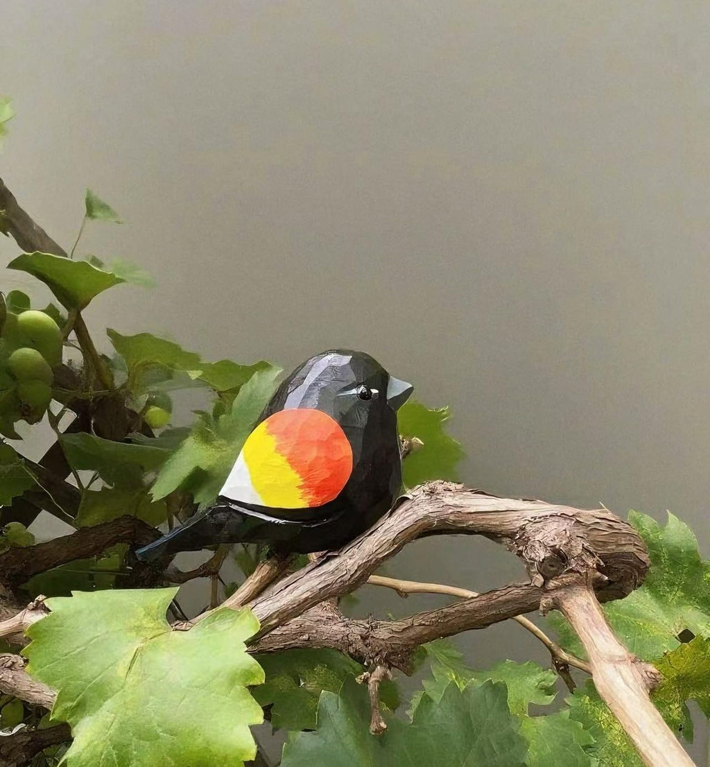 Hand-Carved Red-Winged Blackbird Figurines – Hand-Painted Wooden Bird Sculptures, Decorative Wood Bird Statues for Home & Office Décor, Gifts for Bird Lovers