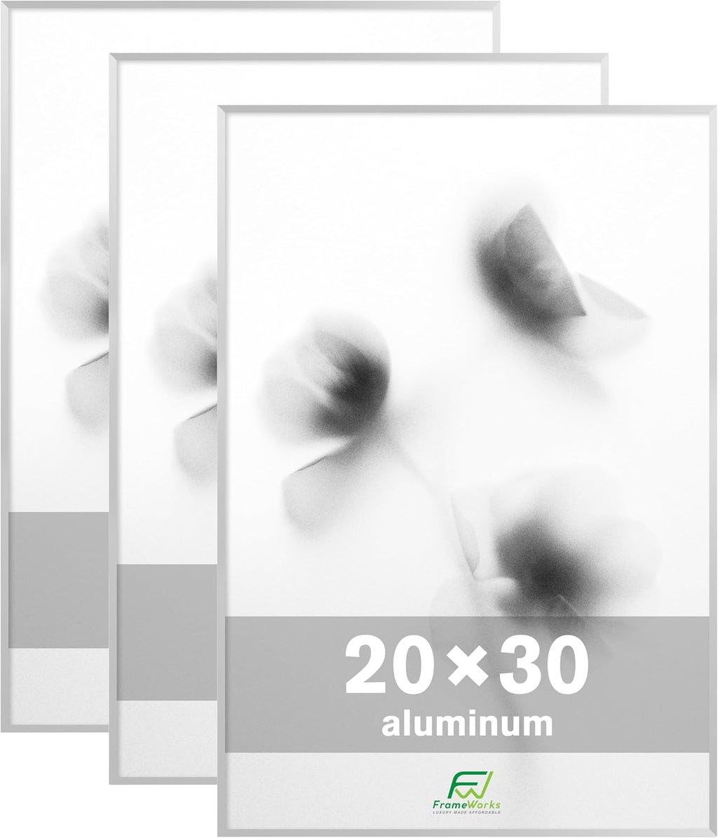 FrameWorks 20x30 Brushed Aluminum Poster Frames – Modern Brushed Metal Design w/Shatterproof Plexiglass, Perfect for Posters, Artwork, Paintings, Wall Displays – Home or Office Decor, Silver - 3 Pack