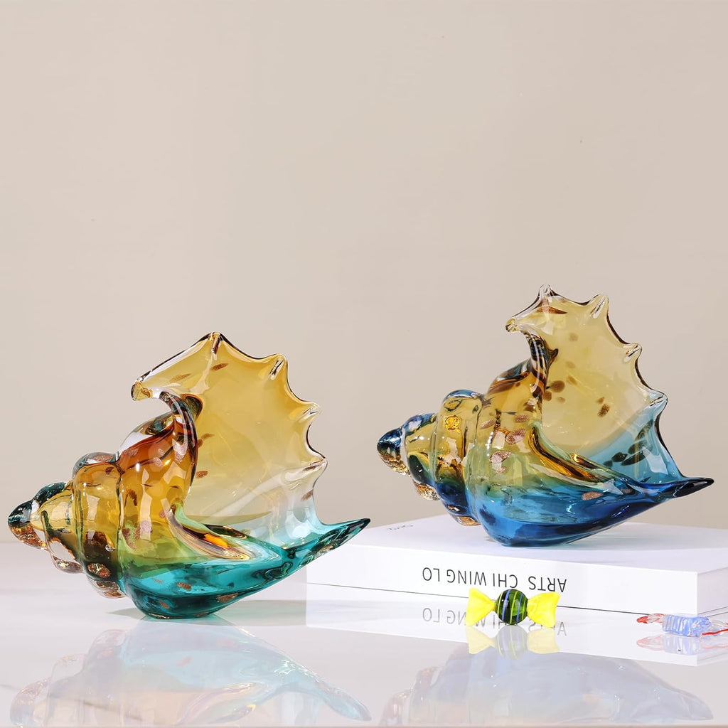Hand Blown Glass Conch Statues, Blue and Amber Glass Art Figurines, Conch Shells for Coastal Home Decor, Living Room TV Stand and Bookcase Decor, Bathroom Shelf Tops and Cabinet Decor.