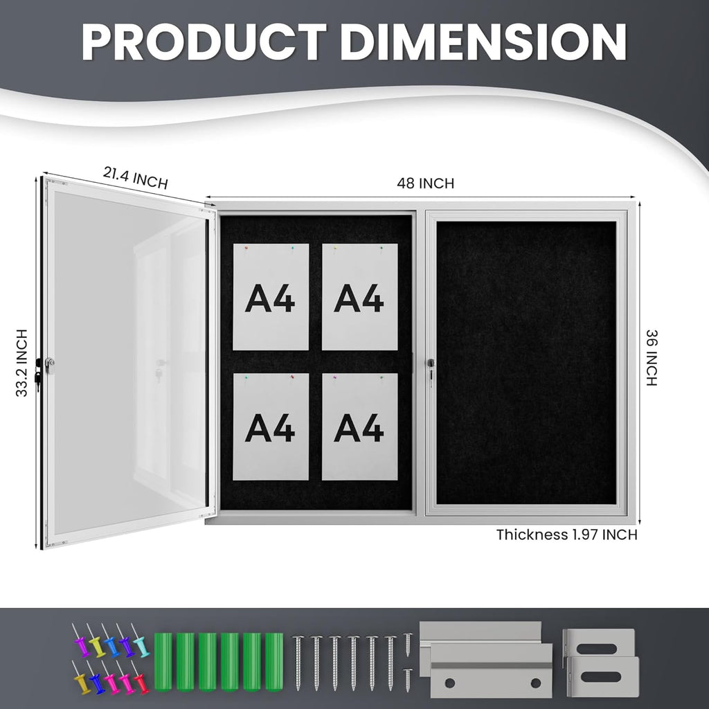 48"x36" Lockable Enclosed Bulletin Board, Outdoor Flet Weather-Resistant Aluminum Frame Notice Board, Wall Mounted Display Case Acrylic Doors for School,Office,Silver Frame w/Black Flet