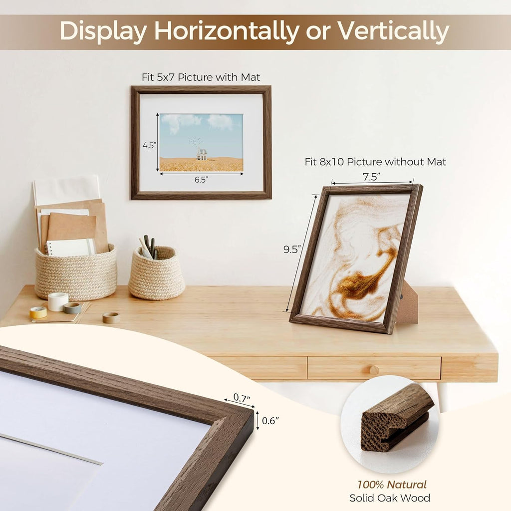 Fun Memories 8x10 Oak Picture Frame for Wall, 8x10 Frame with Matted to 5x7, Solid Wood Picture Frames for Wall Art Photo and Prints (Walnut, 3 Pack)