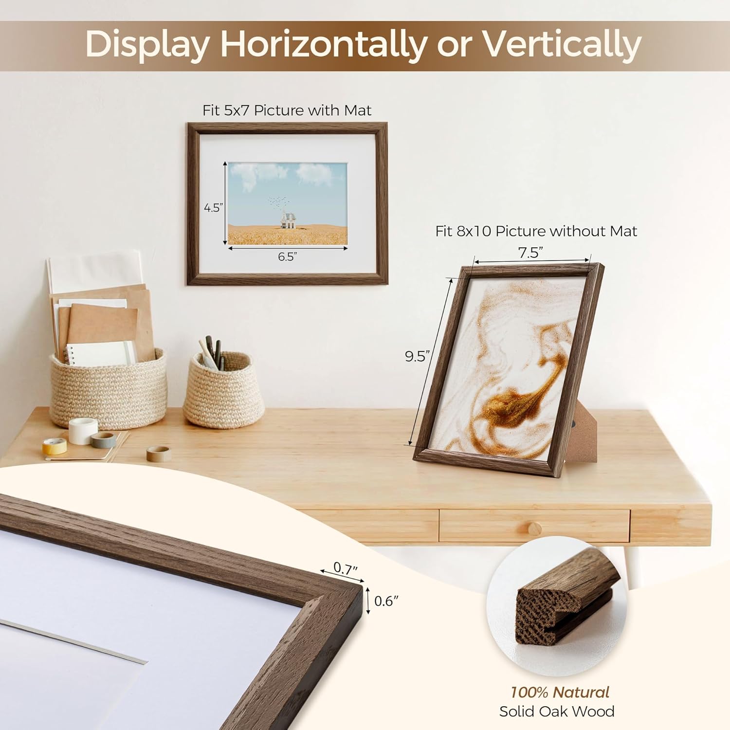 Fun Memories 8x10 Oak Picture Frame for Wall, 8x10 Frame with Matted to 5x7, Solid Wood Picture Frames for Wall Art Photo and Prints (Walnut, 3 Pack)