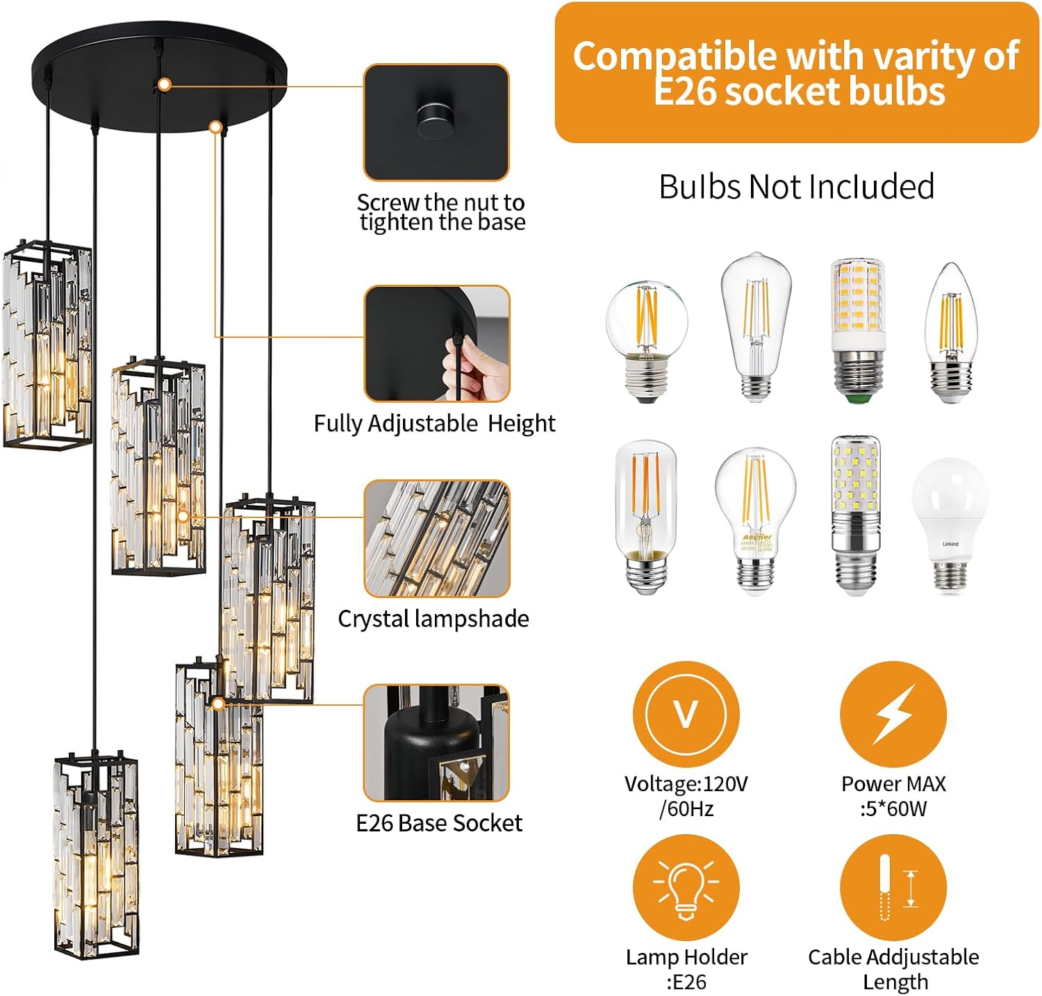 Black Pendant Lighting Modern Pendant Light, Mini Crystal Chandeliers,Adjustable Pendant Light Fixture for Kitchen Island Dinning Room Bedroom (5 Light)