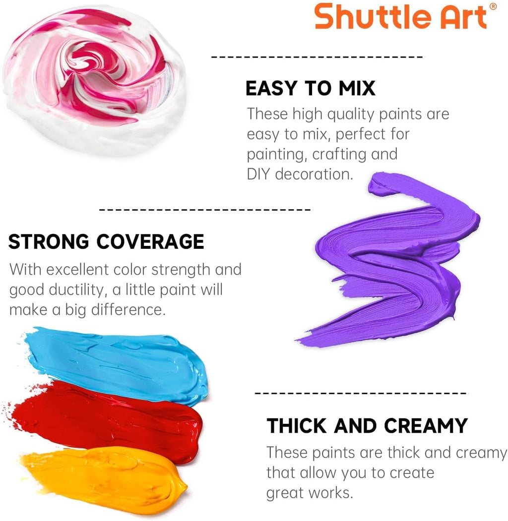 Shuttle Art 18 Colors Acrylic Paint Bottle Set (250ml/8.45oz), Rich Pigmented Bulk Painting Supplies for Artists, Beginners and Kids on Rocks Crafts Canvas Wood Ceramic