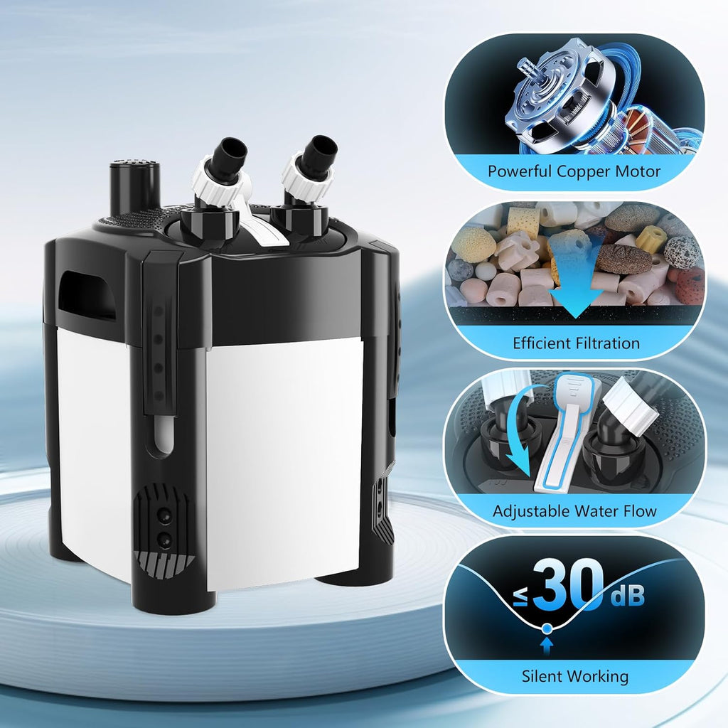 AQQA 317GPH Canister Filter, Ultra-Quiet External Aquarium Canister Filters, 3 Stage Filtration Aquarium Filter with Quartz Balls and Filter Cotton for Fish Tanks and Aquariums Up to 65 Gallon 18W
