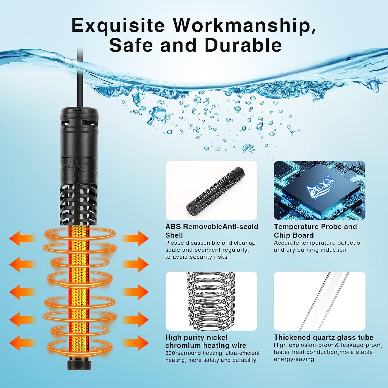 AQQA Aquarium Heater,300W 500W 800W 1000W 1200W Fish Tank Heater,59℉-93℉ Submersible Intelligence Aquarium Heater with Over-Temperature Dry Burning Protection (800W(for 80-210 Gallon))