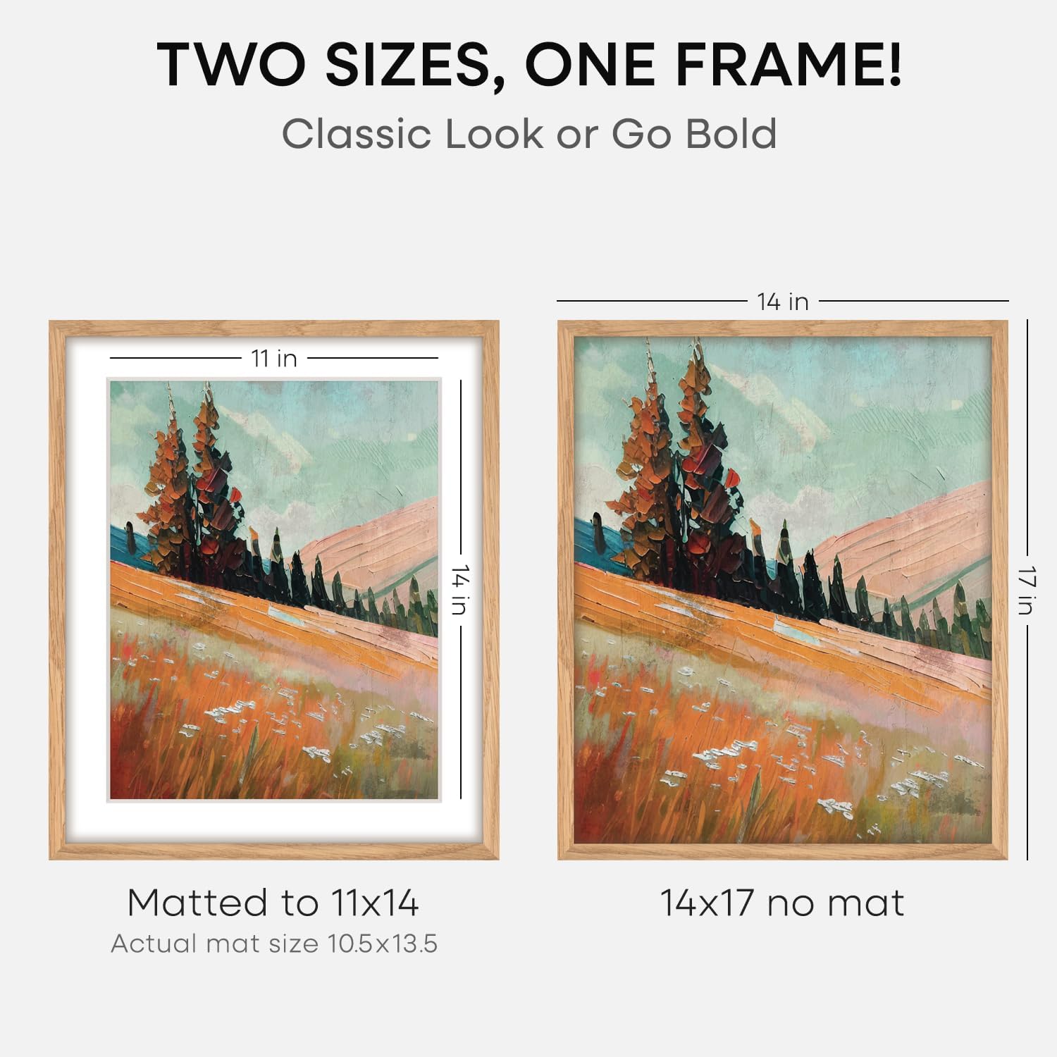 Homeforia 14x17 Natural Oak Wood Picture Frame with 11x14 Mat, Tempered Glass, Wall Hook Included