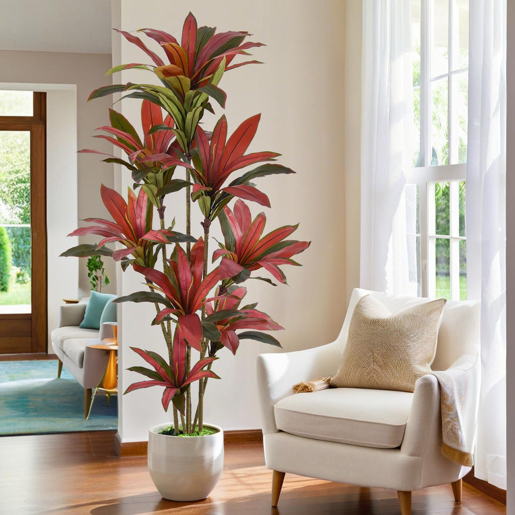 Artificial Dracaena Tree 7ft(84in) Tall Large Faux Silk Plants with Realistic Trunks and Red Leaves, Fake Floor Potted Artificial Plants for Home Office Indoor Decor (7feet,1Pack)