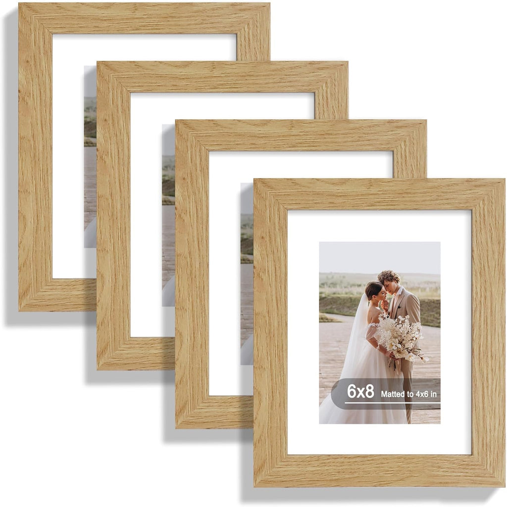 6x8 Picture Frame Set of 4, Made of Real Glass and Natural Oak Frame - Display Picture 4x6 with Mat or 6x8 Without Mat, 6 by 8 Photo for Wall or Tabletop