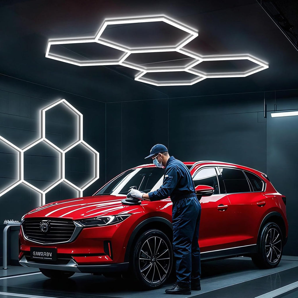 BRILLIHOOD Hexagon Garage Lights, 10-100% Dimmable LED Honeycomb Lights, 23040LM, 6500K Super Bright, 5 Grid Systems Car Detailing Lighting for Warehouse Workshop Basement Gym