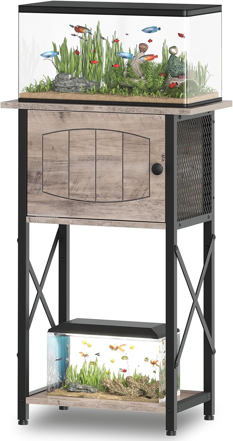 HOOBRO 10 Gallon Aquarium Stand, Fish Tank Stand with Cabinet Storage, Reptile Turtle Tank Stand with Metal Frame, 20.5" L x 11" W , 220 LBS Capacity, Greige BG28FT01