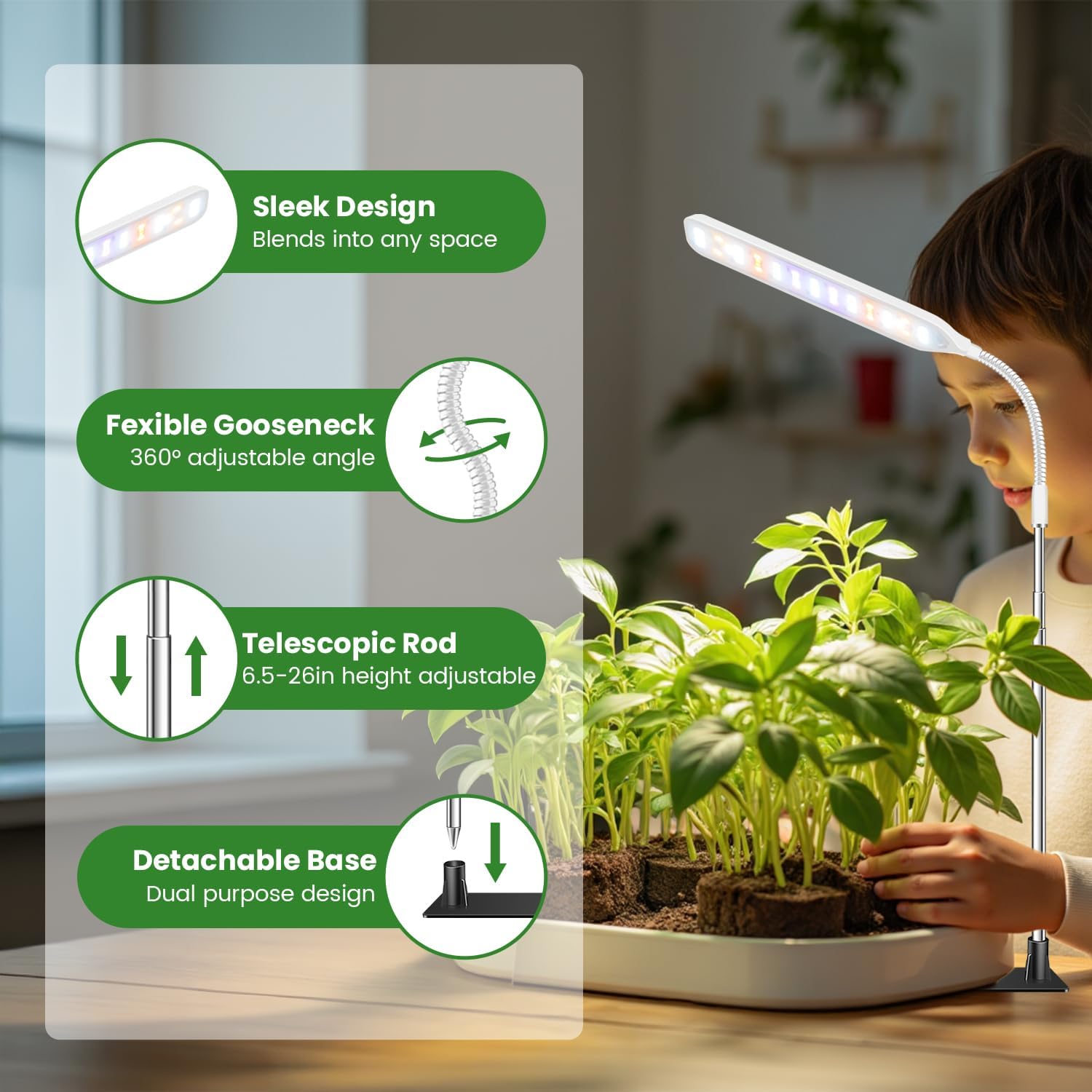 Wolezek Grow Light for Indoor Plants, 52 LEDs Full Spectrum Plant Grow Light with Base, Height Adjustable Grow Lamp with Auto Timer 6/12/16H, 5 Dimmable Brightness, for Small Plants, White, 1-Pack