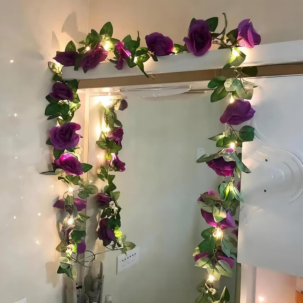 BLEUM CADE 12Pcs 98.4Ft Flower Garland Artificial Rose Vines with 98.4Ft String Lights, Cute Fake Hanging Flower Vines Floral Garland Decorations for Wedding Party Wall Room Decor Aesthetic