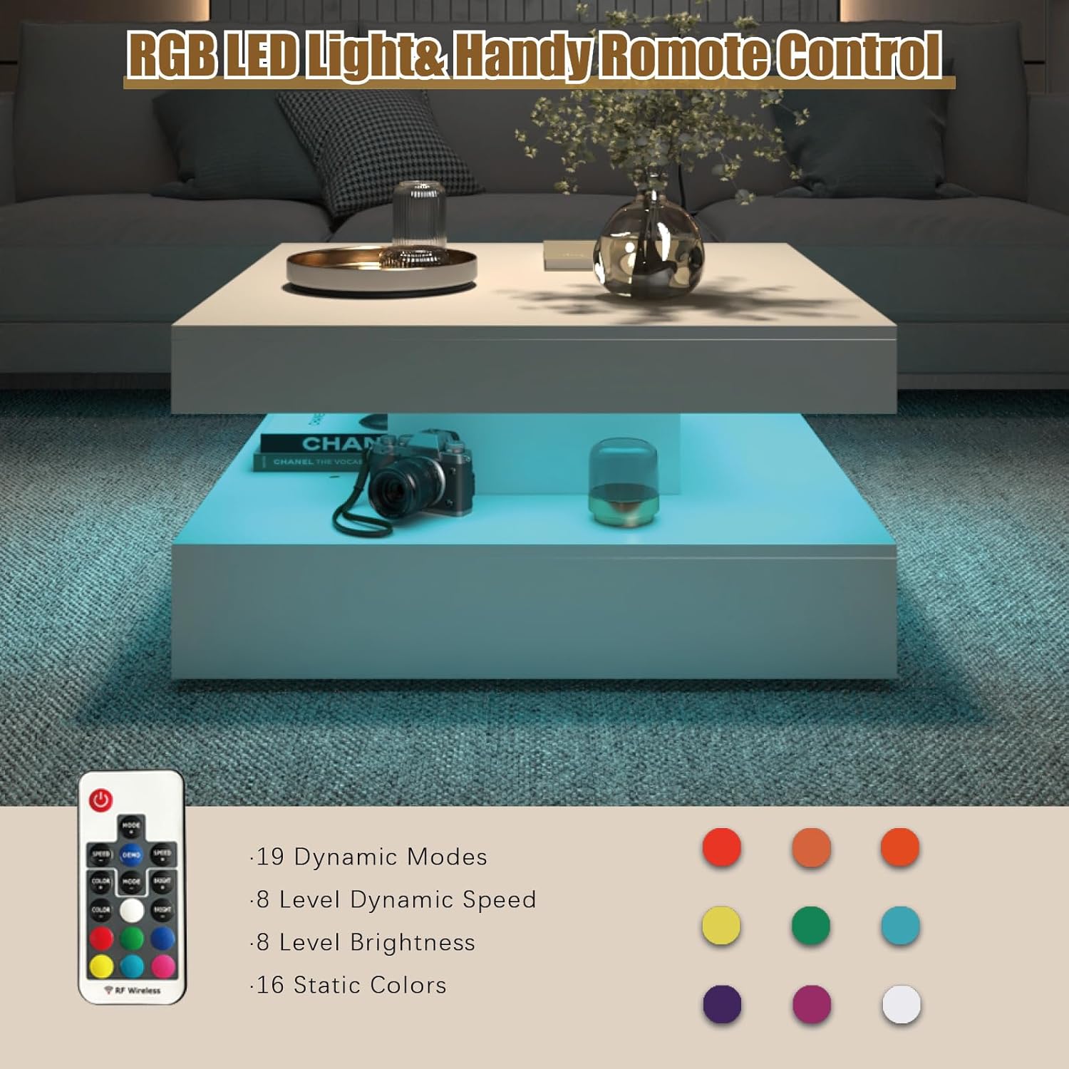 White LED Coffee Table with 2 Storage Drawers for Living Room Square Center Middle Table Modern Cocktail Table with Light 2-Tier Tea Tables Contemporary Mid Century Wood Home Office Waiting Room