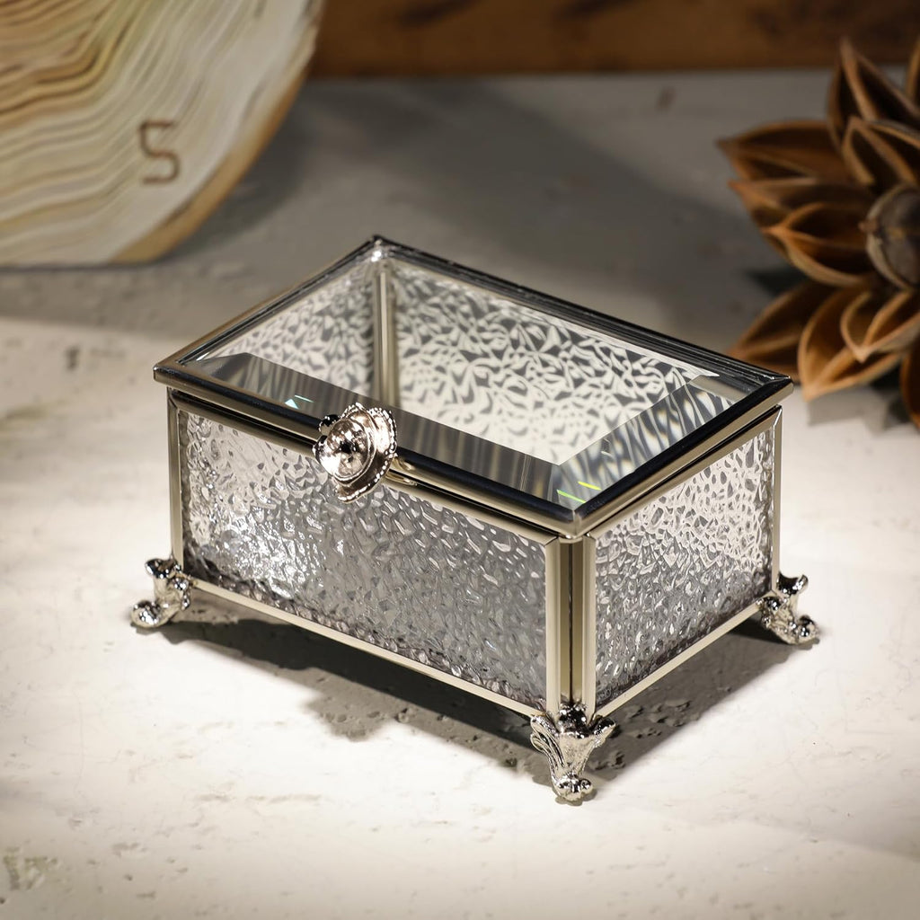 Glass Vintage Jewelry Box Keepsake storage Trinket Ring Display Box Home Decor Embossed Clear Glass Boxes Organizer(3.9x2.7x2.3Inches)
