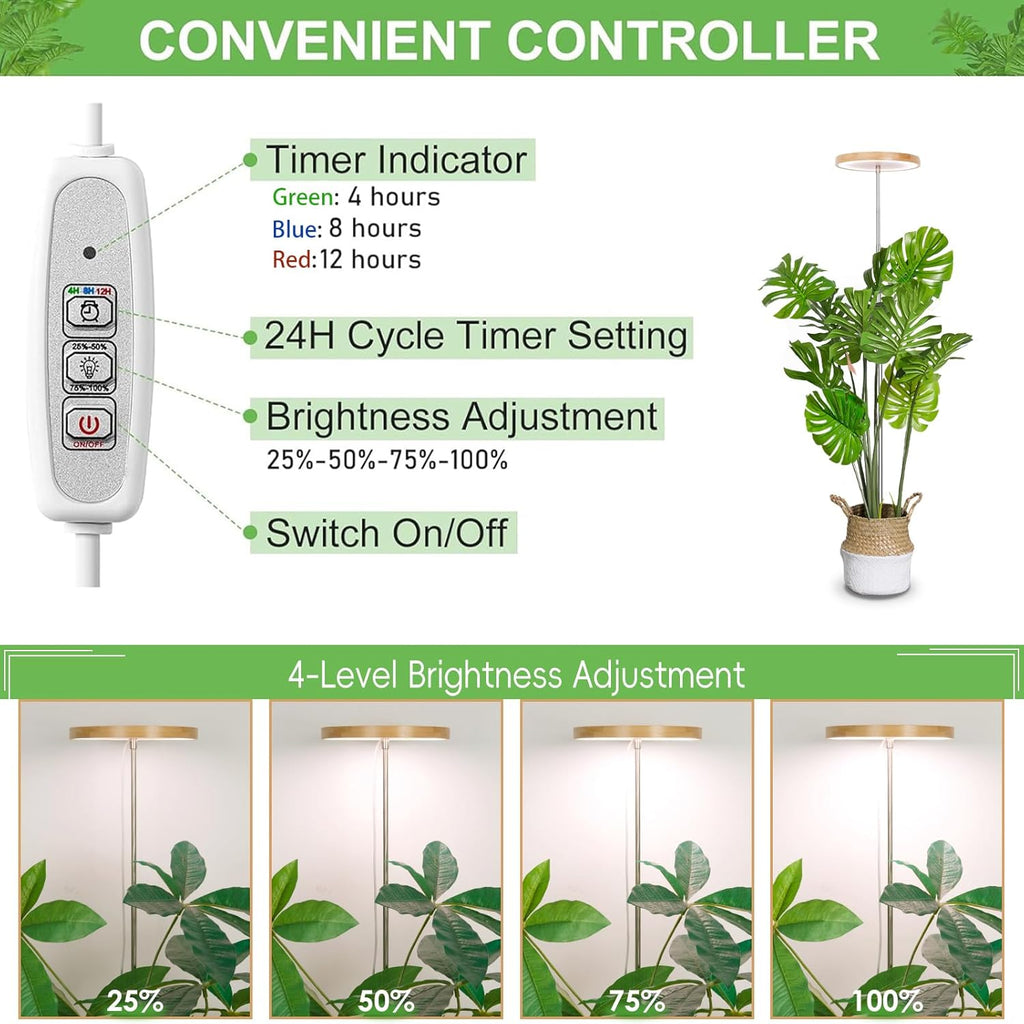 LBW Plant Grow Light Bamboo Plant Grow Lights for Indoor Full Spectrum LED Plant Grow Light, 4/8/12H Recurring Timer