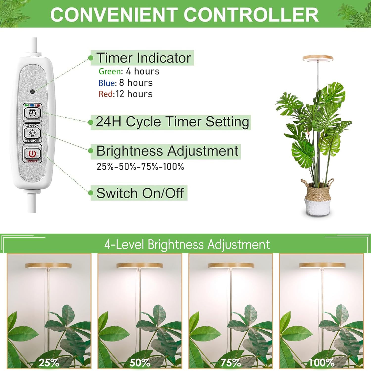 LBW Plant Grow Light Bamboo Plant Grow Lights for Indoor Full Spectrum LED Plant Grow Light, 4/8/12H Recurring Timer