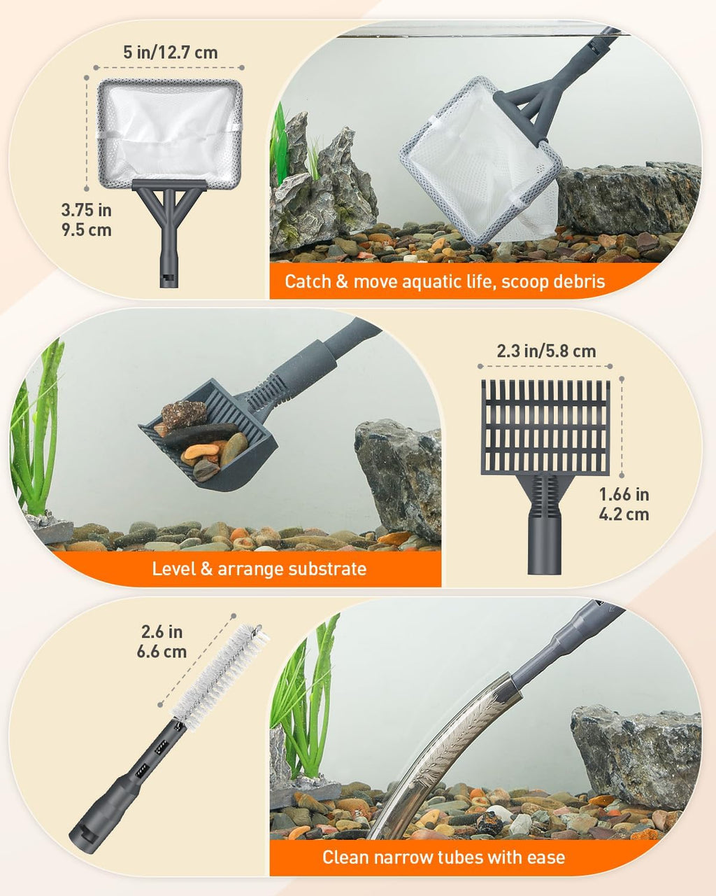 Pawfly Aquarium Cleaning Tools, 7 in 1 Fish Tank Cleaning Kit, Algae Scraper, Sponge Scrubber Pad, Brush, Gravel Rake & Fish Net with Adjustable Long Handle, Fish Tank Cleaner Set