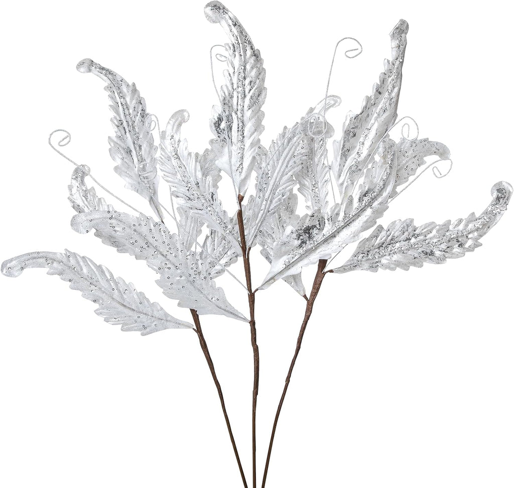 Christmas Artificial Leaves Set of 3 Sparkling 27 Inch Faux Decorative Foliage with Spray Stems Perfect for Holiday Home Decor Festive Party Decorations and Seasonal Celebrations(White)