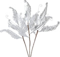 Christmas Artificial Leaves Set of 3 Sparkling 27 Inch Faux Decorative Foliage with Spray Stems Perfect for Holiday Home Decor Festive Party Decorations and Seasonal Celebrations(White)