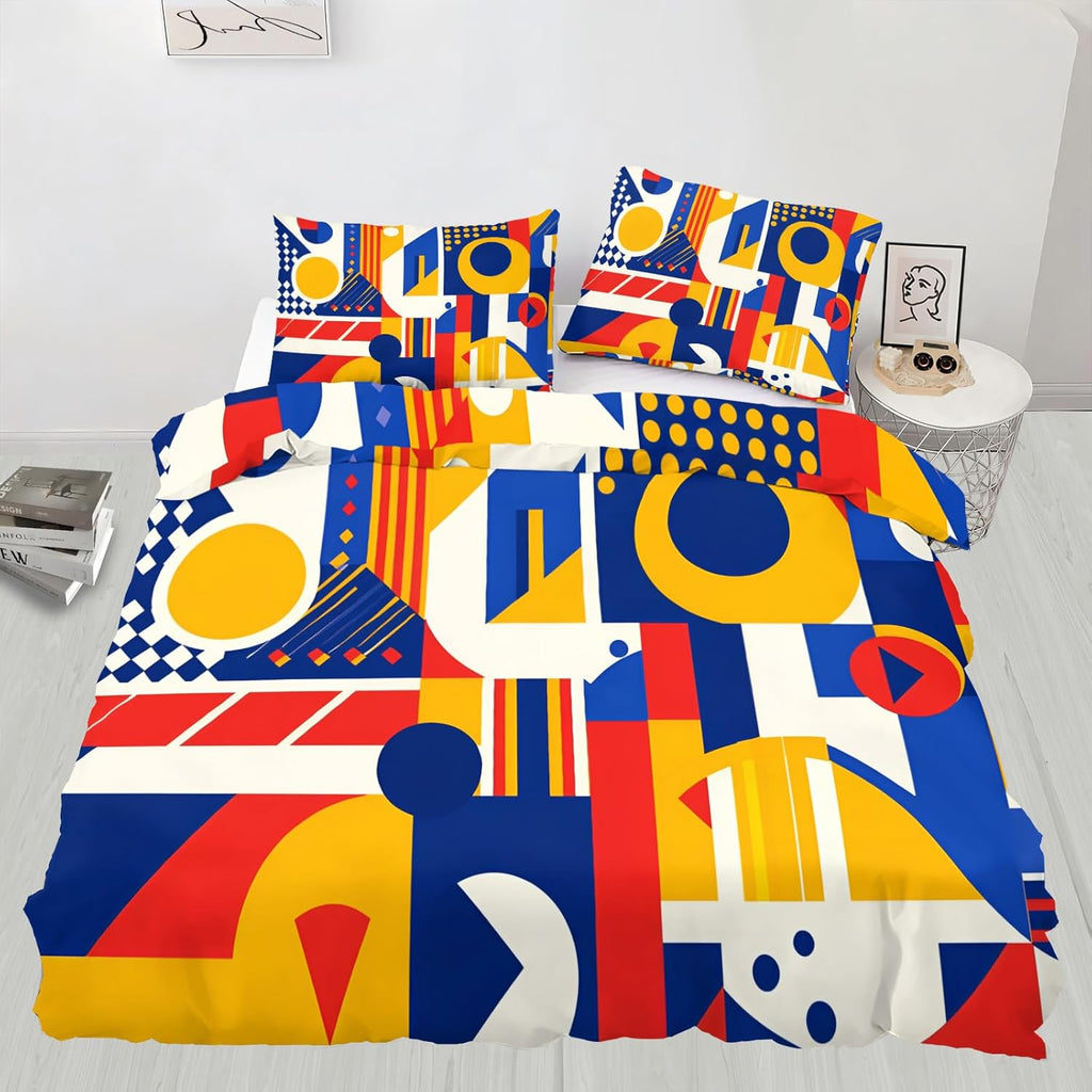 Geometry Duvet Cover California King, Modern Abstract Bedding Set 3 Piece Bedroom Decor Vibrant Multicolored Comforter Cover with Zipper Ties & 2 Pillowcases