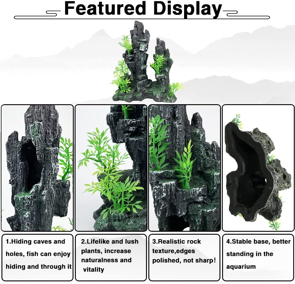 Aquarium Decorations Large and Tall Large Aquarium Decorations Fish Tank Ornaments Mountain View Stone Ornament Tree Rock Cave Artificial Fish Tank Ornament - 10.2 Inches High