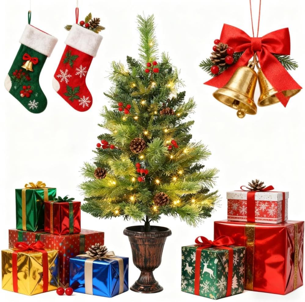 Garvee 3Ft Tabletop Christmas Tree, Small Christmas Tree, Artificial Mini Xmas Tree with Pine Cones & Red Berries for Home Office Holiday Decor