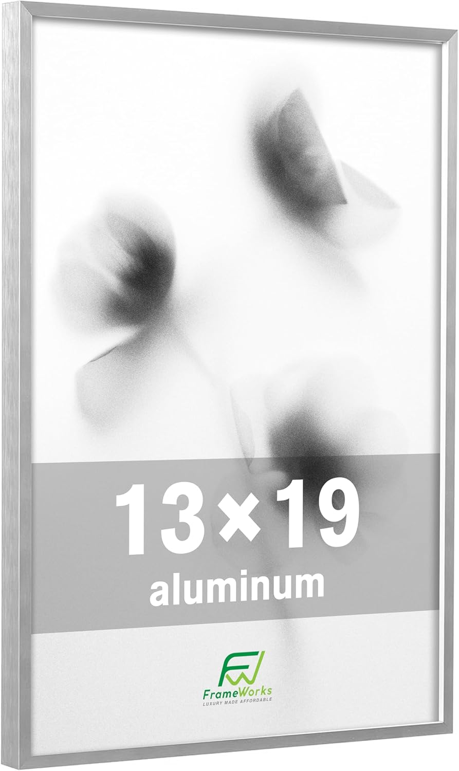 FrameWorks 13x19 Brushed Aluminum Poster Frames – Modern Brushed Metal Design w/Shatterproof Plexiglass, Perfect for Posters, Artwork, Paintings, Wall Displays – Home or Office Decor, Silver - 3 Pack
