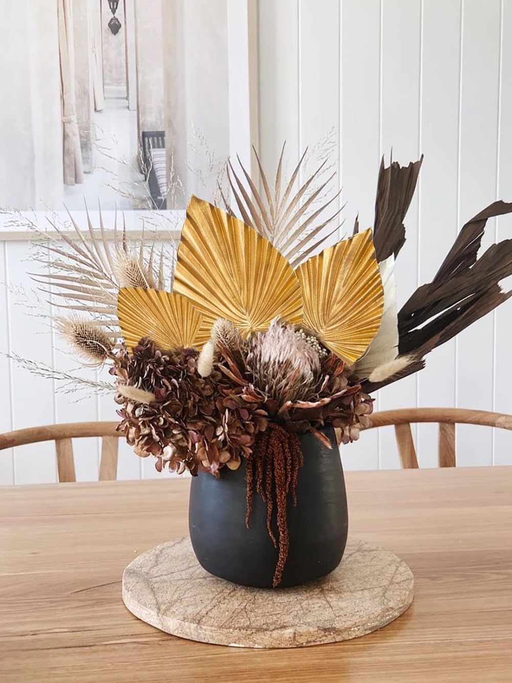 6 Pcs Pu Foam Artificial Golden Leaf Faux Palm Tropical Leaves Fake Palm Fronds for DIY Wedding Bouquets Fake Leaves for Centerpieces Arrangements Bridal Shower Leaf Stem for Party Home Decor-Gold