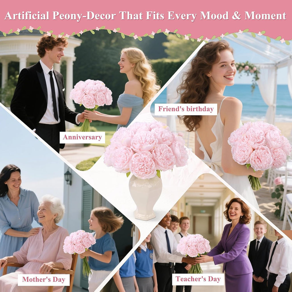 U'Artlines 2 Bouquet 10 Heads Artificial Peony Silk Flower Leaf Home Office Wedding Party Festival Bar Decor (Light Pink)