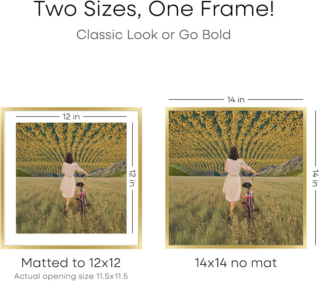 Homeforia 14x14 Picture Frame Gold, High End Metal 14 x 14 Square Poster Frame with Mat 12 x 12 Photo, 14x14 Frame Matted to 12x12 Print, 14by14 Gold Hanging Frames, Tempered Glass, Wall Kit, Set of 4