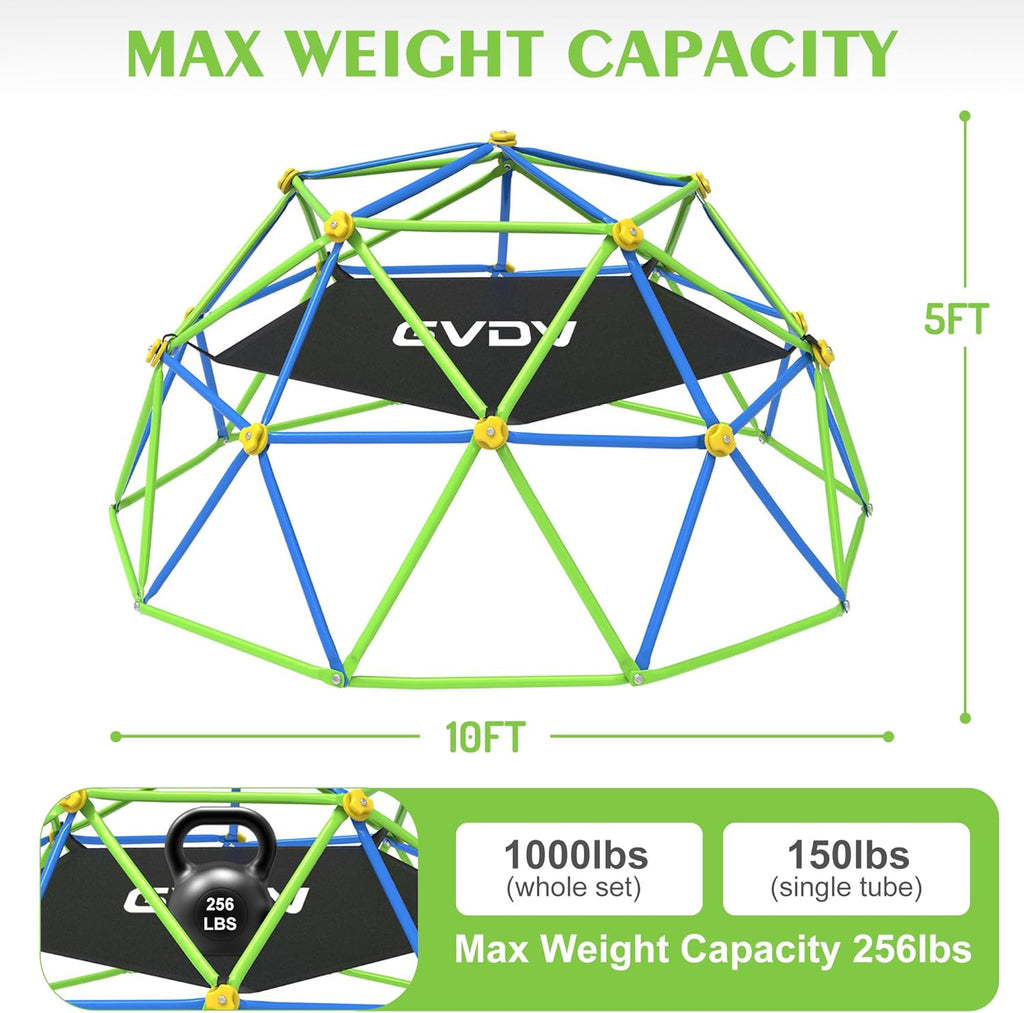 GVDV 10FT Climbing Dome with Hammock, Outdoor Jungle Gym for Kids, Geometric Dome Climber Supporting 880 Lbs Anti-Rust Metal Outdoor Play Structure ASTM Approved Blue & Green