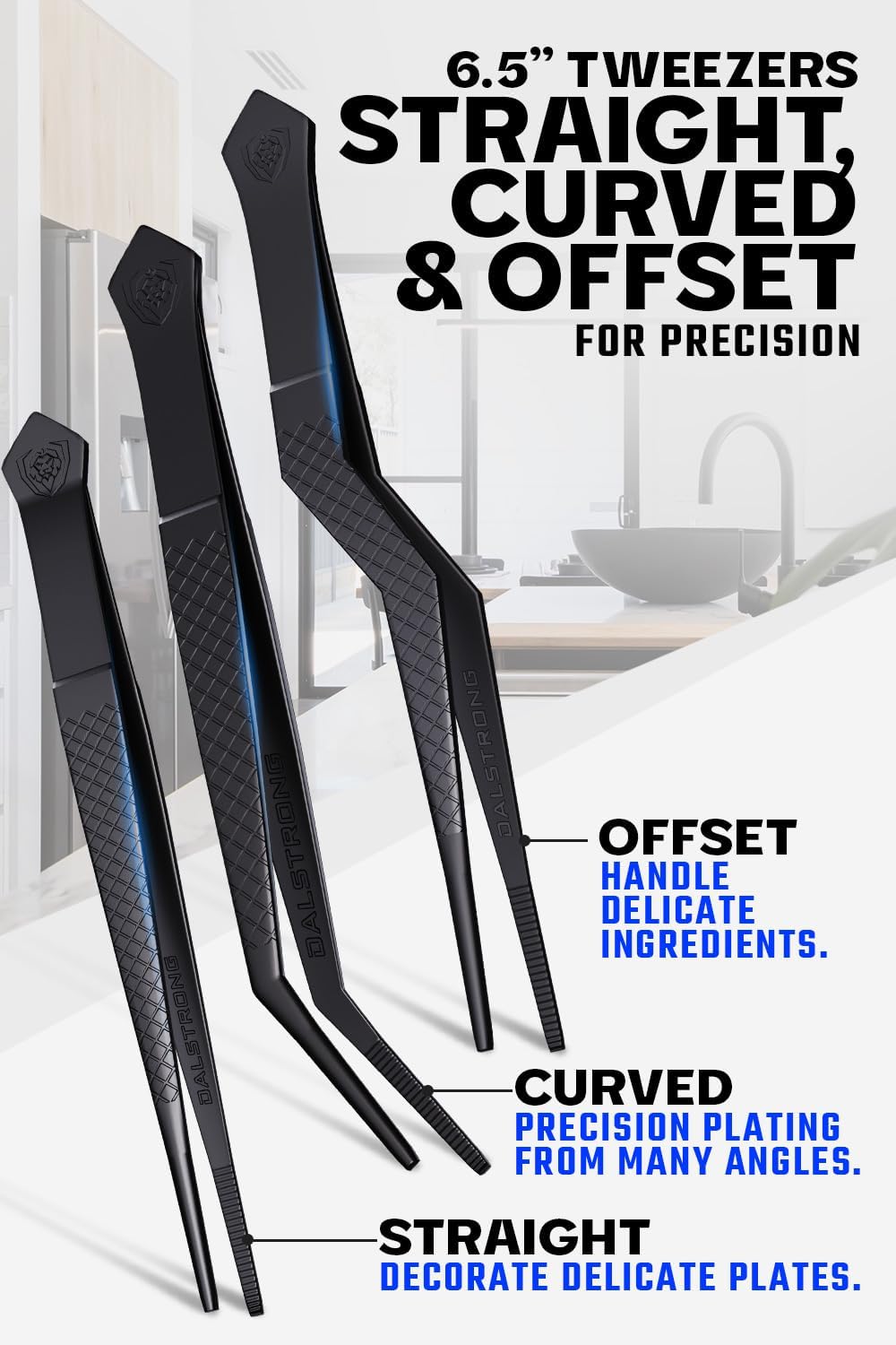 DALSTRONG Professional Food Tweezers-5 Piece Set- High-Precision Tweezer Tongs - Black Titanium Coating - Plating, Culinary Fine Use -304 Stainless Steel- Metal Kitchen Tongs