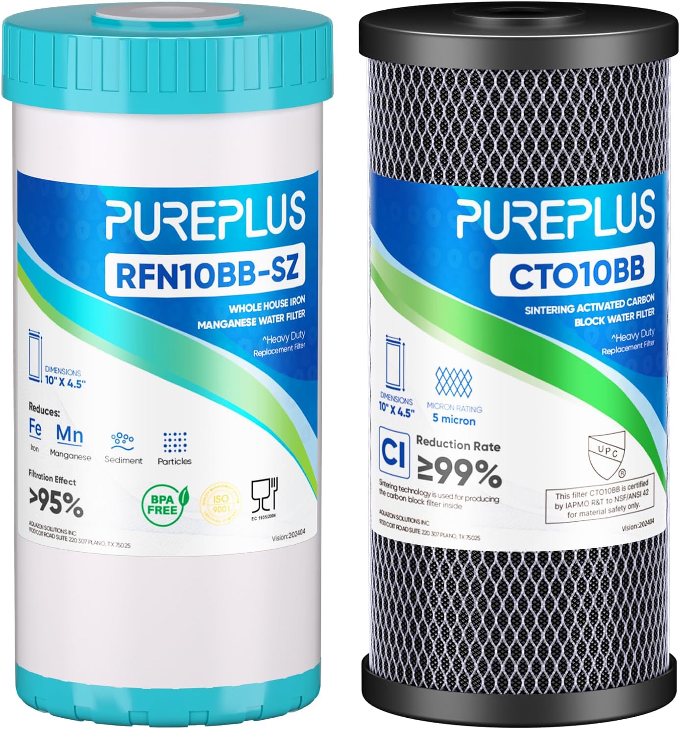 PUREPLUS 5 Micron 4.5"x 10" Whole House Water Filter Cartridge Combo Kit with Activated Carbon Block, and Iron Reduce Filter, Replacement for WFHDC8001, CB-BB-10, GE FXHTC, GXWH40L, GXWH35F, 1PACK