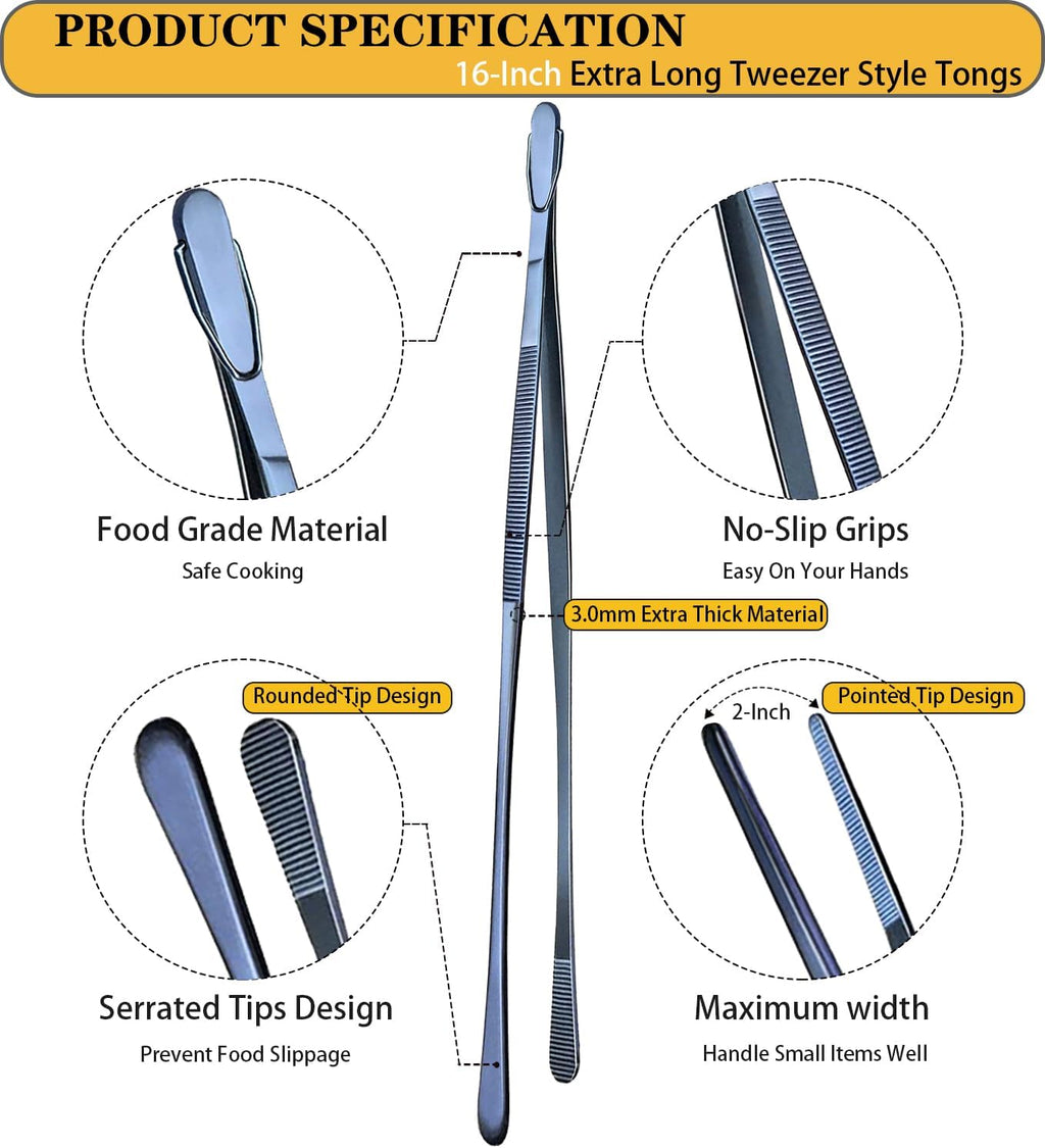 JETKONG 2 Pcs 16-Inch Heavy Duty Cooking Tweezers Extra Long Stainless Steel Kitchen Tweezers Large Plating Tongs (Navy Blue)