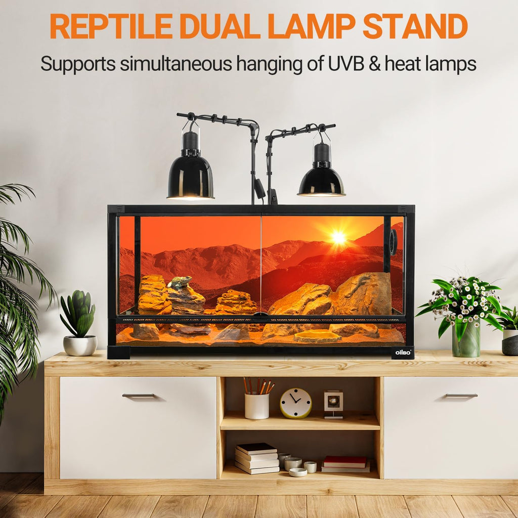Oiibo Reptile Dual Lamp Stand, Floor Light Holder with Adjustable Heigh Bracket Metal Support for Reptile & Amphibian Terrarium Tank Vivarium Cage