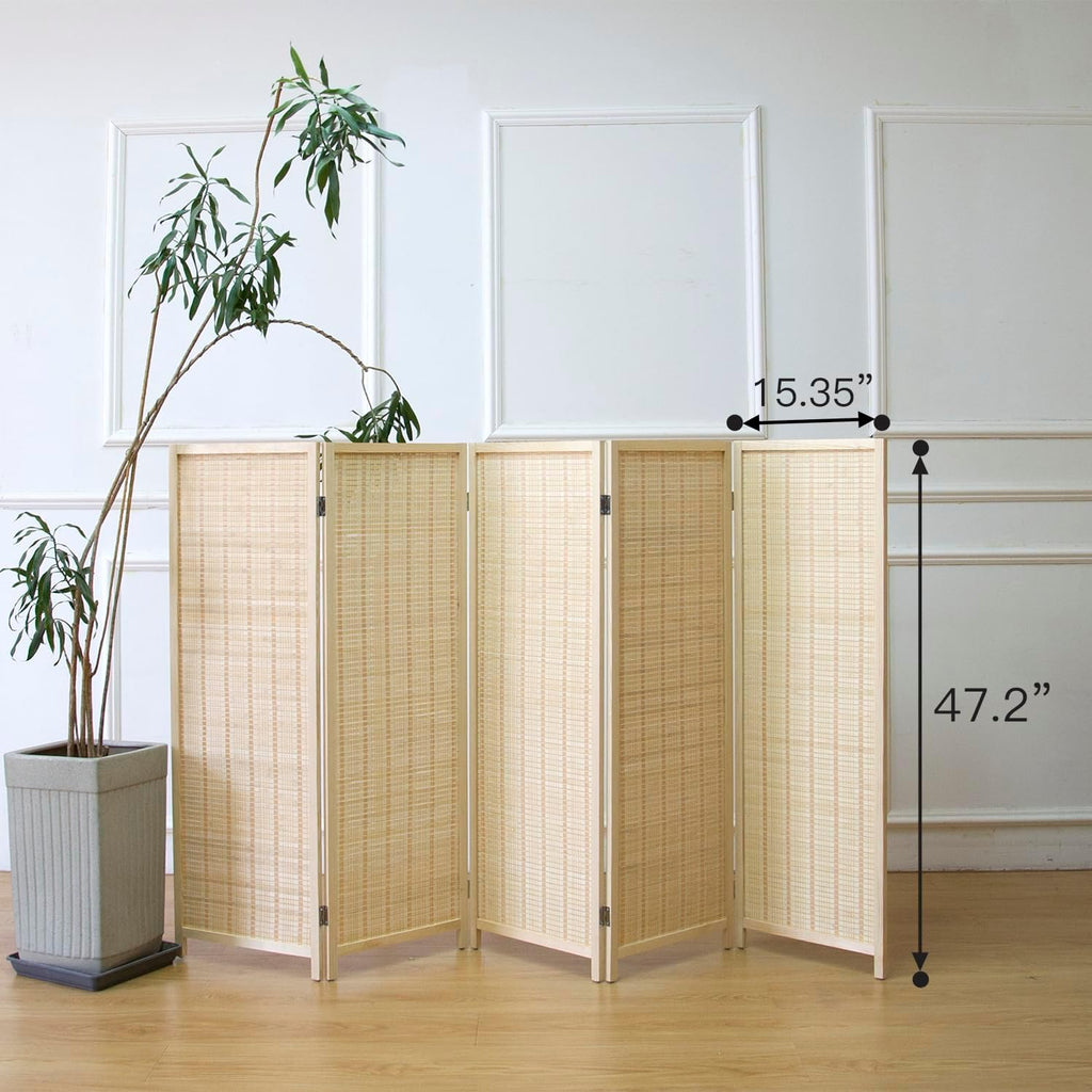5 Panel Room Divider Short Folding Screen Divider,Double Sided Bamboo Panel Divider for Room Separation,Beige,47.2" H x 76.75" W