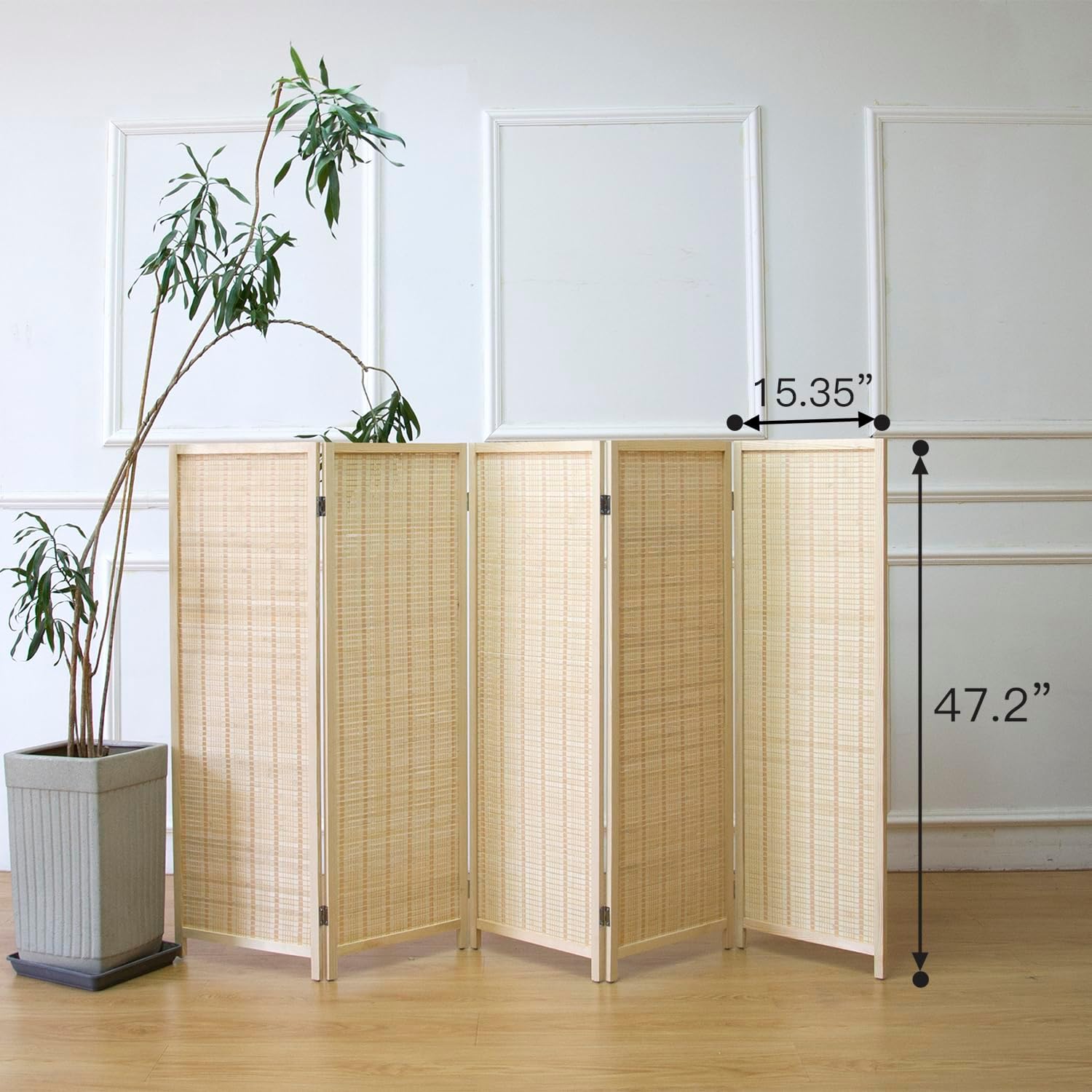 5 Panel Room Divider Short Folding Screen Divider,Double Sided Bamboo Panel Divider for Room Separation,Beige,47.2" H x 76.75" W