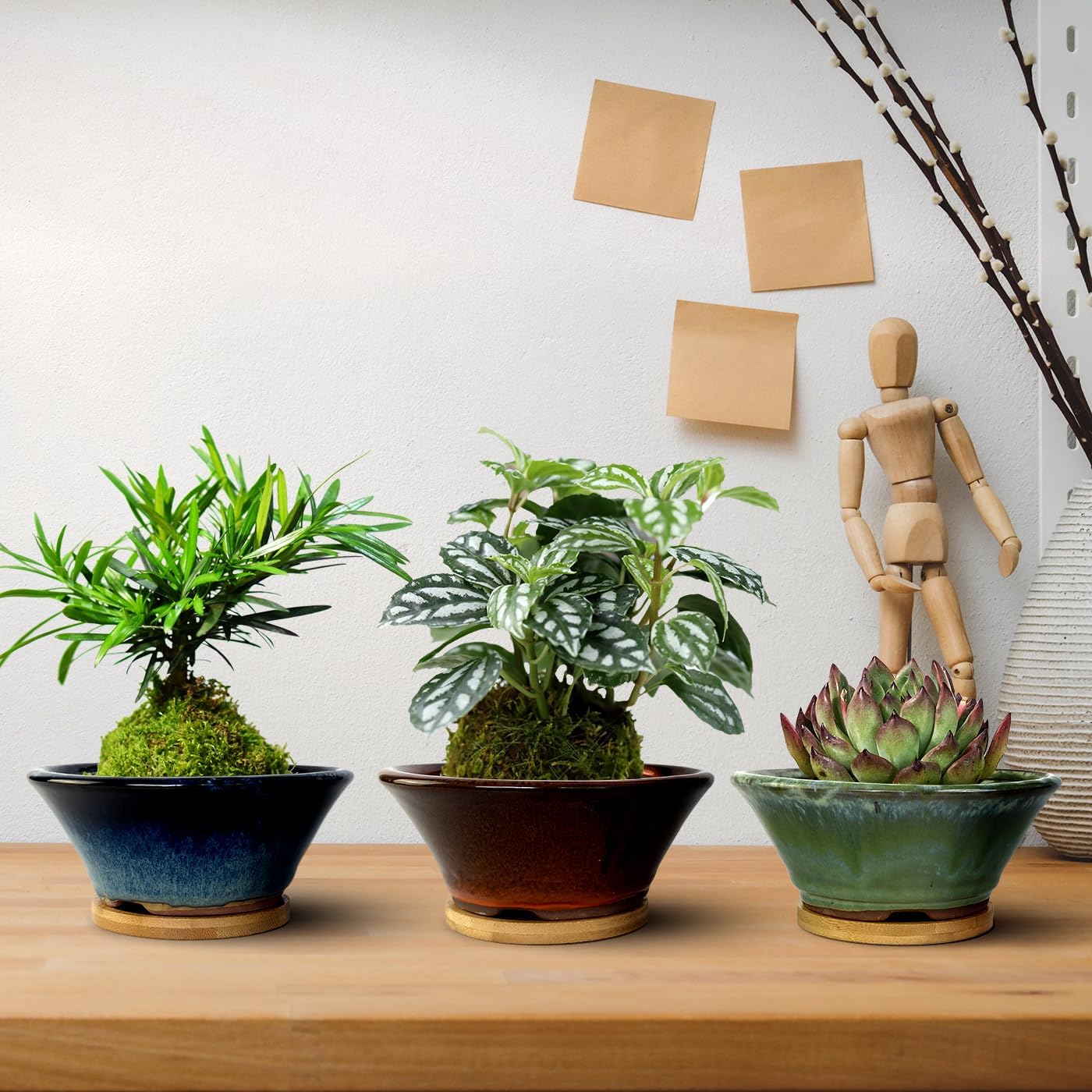 6 Inch Glazed Terracotta Succulent Pot Planter Small Plant Pot with Drainage Hole and Bamboo Saucer Cactus Ceramic Pot Set of 3 (Blue Green Orange)