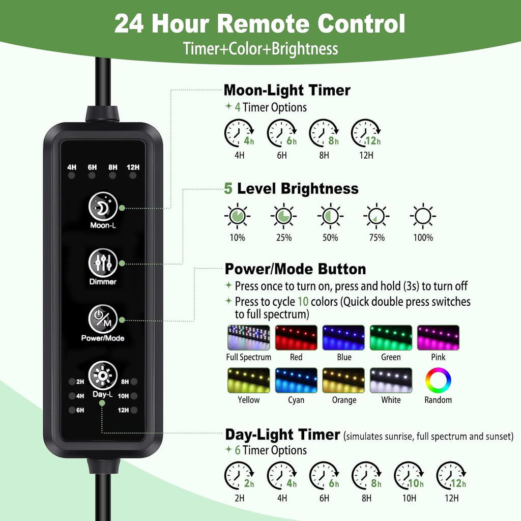 hygger LED Aquarium Light with Timer, 50W Full Spectrum Fish Tank Plant Growth Lamp, 24 H Remote Control, Adjustable Brightness & 10 Colors, Extendable Bracket, Power-Off Memory, Fits 48-52 Inch Tank